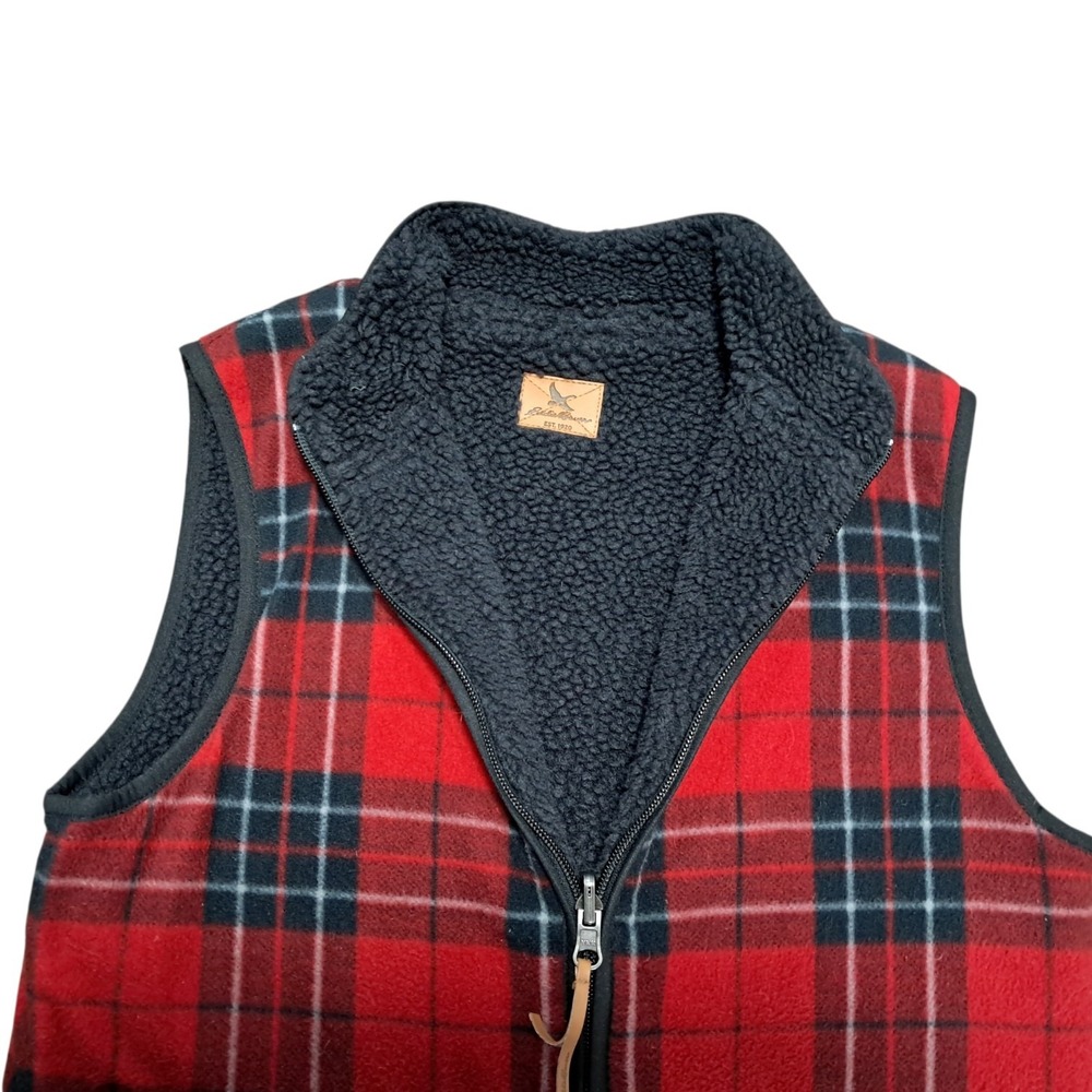 Eddie Bauer Plaid Fleece Vest Sherpa Lined Pockets Front‎ Red Black XS Petite - Picture 3 of 8